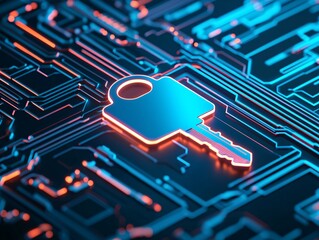 Abstract representation of encrypted information records with a key symbol amidst glowing circuits