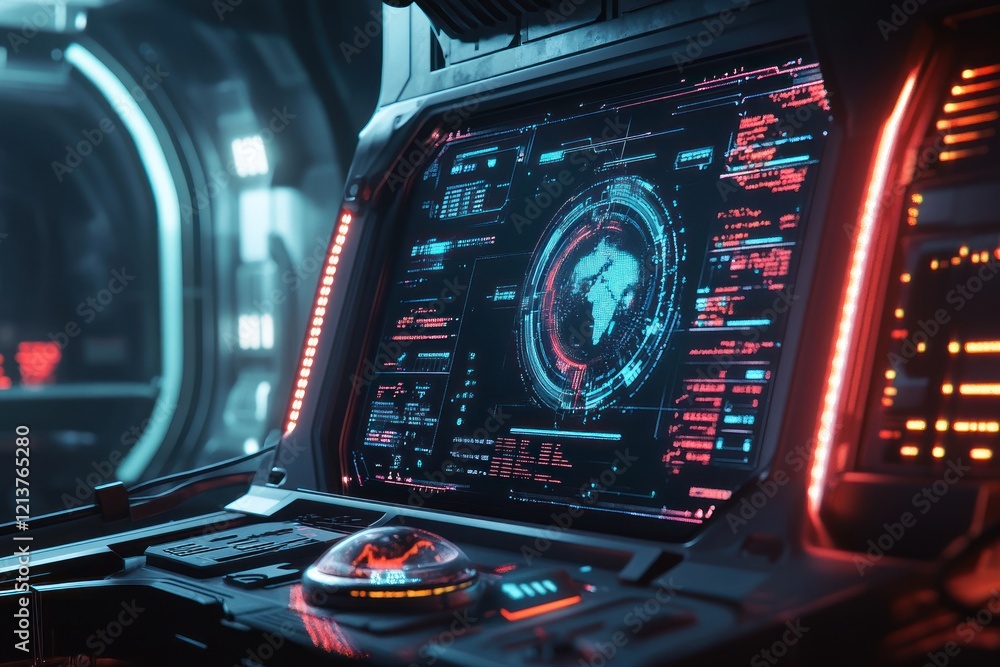 Poster futuristic spaceship console displays global data; red lighting, window view