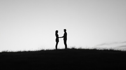 Fototapeta premium Silhouette of a couple holding hands at sunset on a hill.