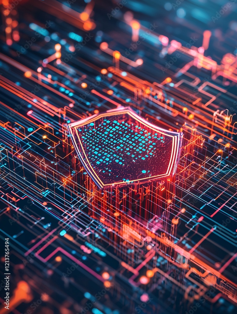 Poster a cyber-themed image showing information records privacy with a shield icon overlayed on digital net