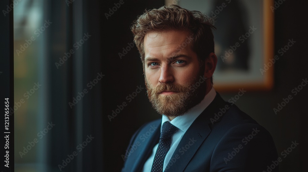 Poster a man with a beard and a tie is standing in front of a window. generative ai