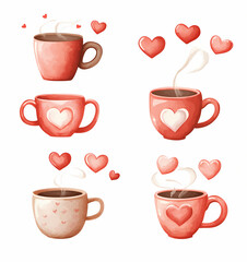 Warm coffee mugs with heart designs and steam create cozy atmosphere