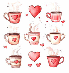 Warm coffee mugs with heart designs and steam create cozy atmosphere