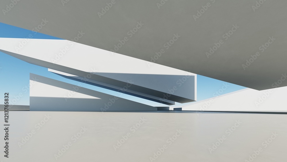 Poster 3d render of abstract modern architecture with empty cement floor, minimal exterior, car presentatio