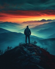 Majestic Mountain Sunset View Man Silhouette Peaceful Landscape Serene Nature Scenery