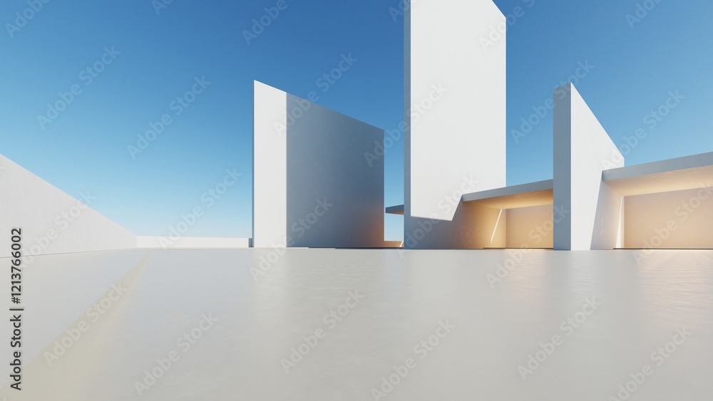 Poster 3d render of abstract modern architecture with empty cement floor, minimal exterior, car presentatio