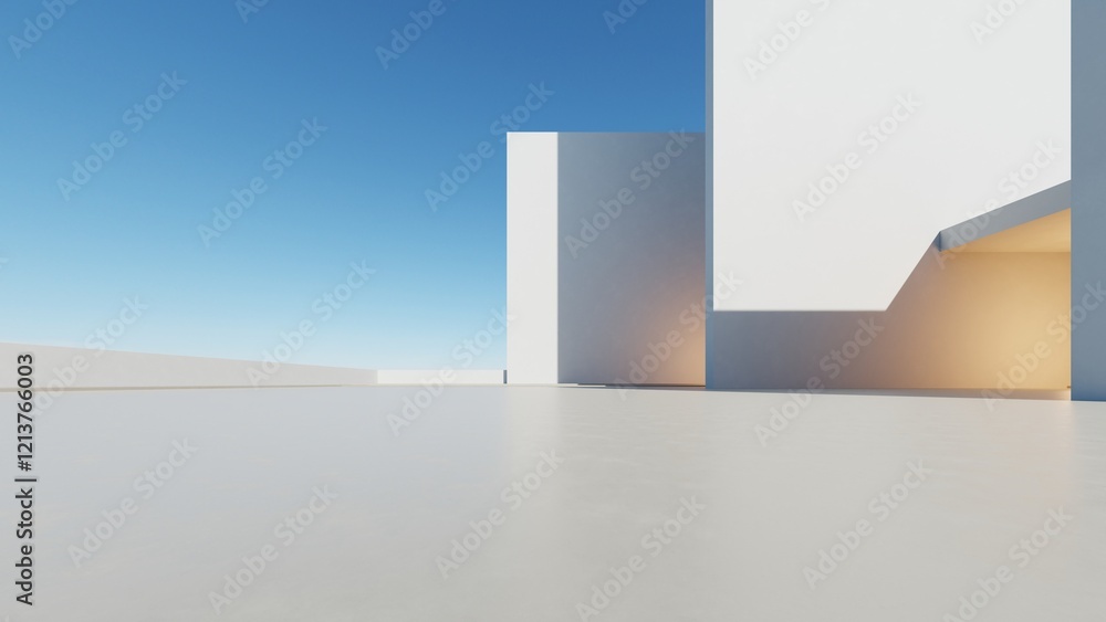 Poster 3d render of abstract modern architecture with empty cement floor, minimal exterior, car presentatio