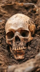 Human skull resting in dirt grave close up with brown earth and bone texture detail