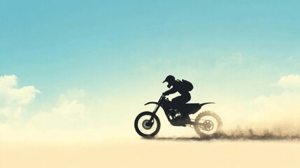 Obraz premium Silhouette of motocross rider speeding across sandy terrain under a bright sky.