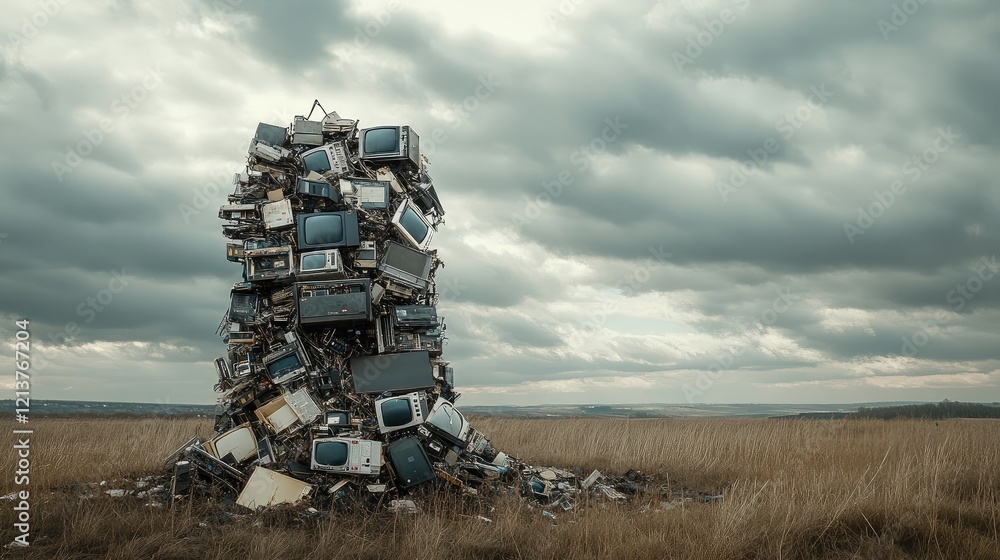 Poster towering stack of electronic junk in an empty field, under thick, foreboding clouds, showcasing indu