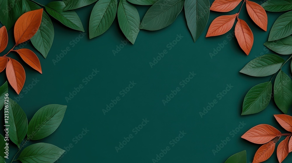 Wall mural Autumnal Frame: Green and russet leaves create a vibrant, natural frame against a deep teal backdrop, offering a versatile template for design projects.