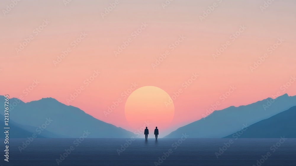 Poster silhouetted figures walk towards a large sun setting behind hazy mountains.