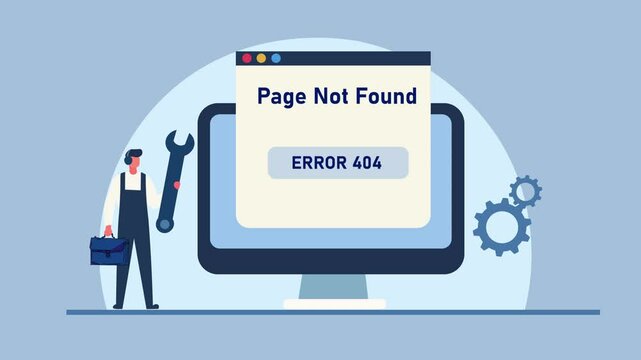 Site Maintenance and Support Concept Animation. man Fixing Problem of Page Not Found and 404 Error message Flat Design. Copy space 
