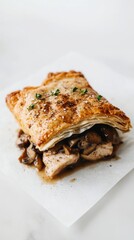 Delicious chicken and mushroom pie with a flaky spiced crust on rustic backdrop