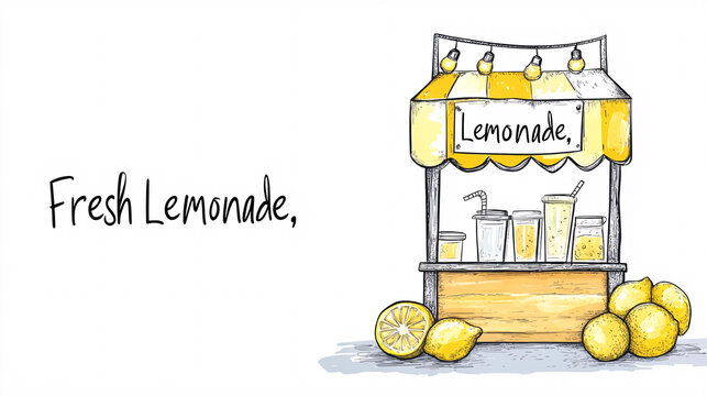 hand drawn sketch of a summer lemonade stand with yellow lemons and cups of lemonade  on a white background