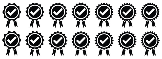 Set of black verification badge. Verify badges. Social media and Profile Verified badge icon. Check and Approved, Accept, Instagram verified badge icon. Winning award, prize, medal or badges.