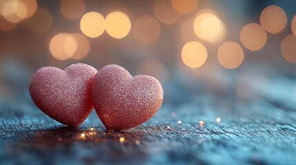 Obraz premium Assorted pink heart decorations elegantly arranged on a rustic wooden table with soft defocused bokeh background, perfect for love and valentine's day concepts