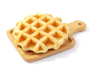 Round waffles on wooden tray isolated on white background