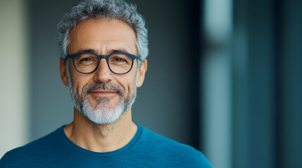 Obraz premium Close-up photo of a distinguished man with gray hair and glasses wearing a blue shirt. The image emphasizes confidence and calmness in his expression with a clean and neutral indoor background.