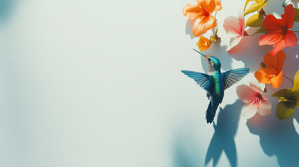 blue hummingbird flying near pink orange flowers on white background