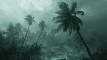 Intense tropical storm with heavy rain lashing palm trees.