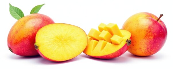 Juicy watercolor mangoes, vibrant hues, white background, ripe, exotic