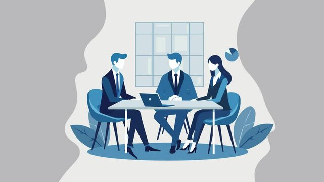 Collaborative Business Discussion Concept. Flat design Animation of three business professionals seated around a table in a modern setting  with a laptop . Productive conversation,