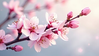 Obraz premium Delicate watercolor almond branch, blossoms in soft pink and white hues , painting, photography