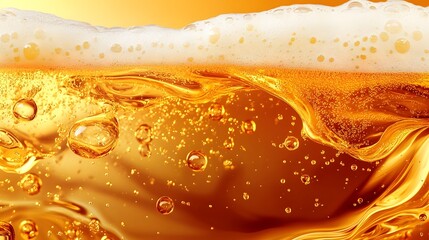 Flowing and Effervescent Golden Beer Backdrop with Carbonation Bubbles and Foam