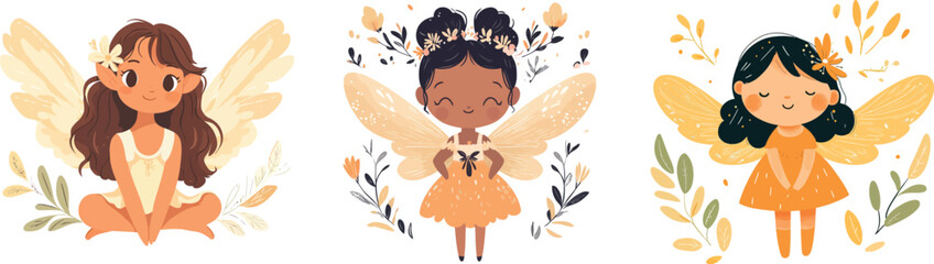 Cute fairy girl with wings, baby print.Simple cartoon flat illustration