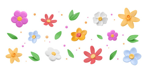 Summer background with 3d various flowers, leaves and colored dots. Plasticine buds. Decorative floral clay elements. Vector illustration.