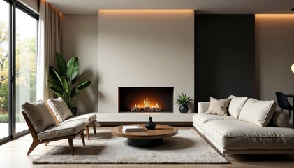 Modern living room fireplace, clean lines, inviting atmosphere , design, cozy