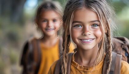 Obraz premium Smiling girls hiking on forest trail with backpacks