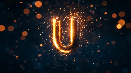 Magnetic U-shaped object attracting glowing metallic particles across dark background