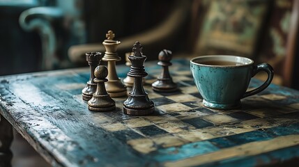 Vintage chess set beside a cup of tea in a quiet study