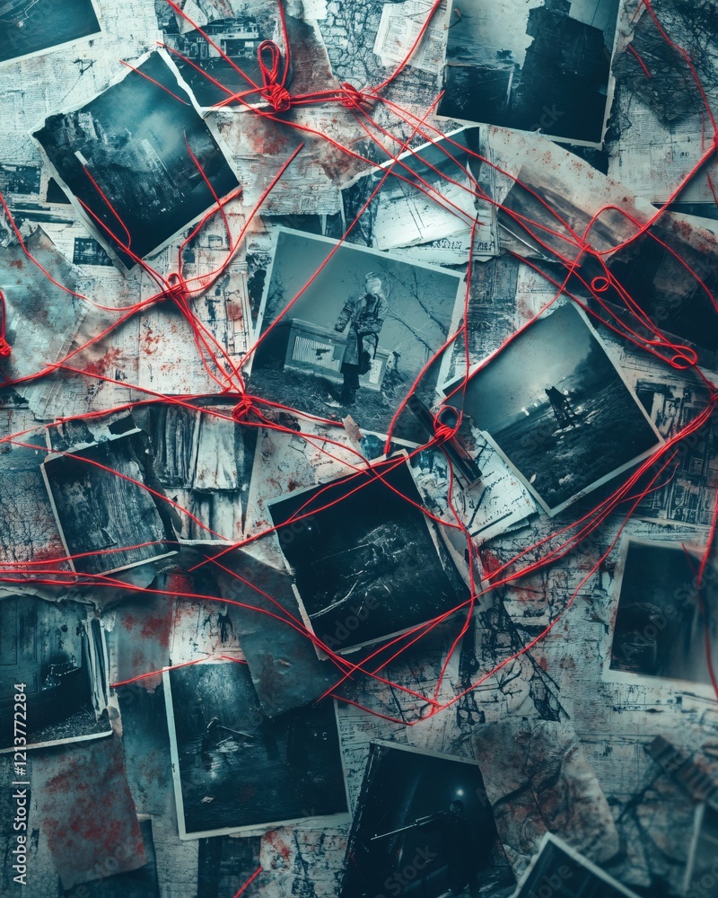 Poster mysterious old photos connected by red string dark moody abstract background