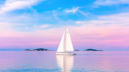 Obraz premium Sailboat sunset sea islands peaceful travel postcard