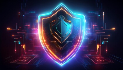 A vibrant, neon shield design symbolizing security and protection in a digital landscape.