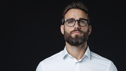 Fototapeta premium Serious man, white shirt, glasses, dark background, corporate portrait, professional headshot