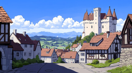 Obraz premium Medieval Townscape with Castle: A European Village Scene