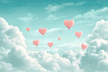 Pink Heart Balloons Floating in a Dreamy Sky Above Fluffy Clouds Romantic Valentine s Day Concept