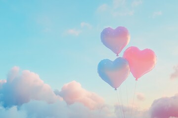 Pastel Heart Balloons Float Gently in a Dreamy Sky Romantic Valentine s Day Concept