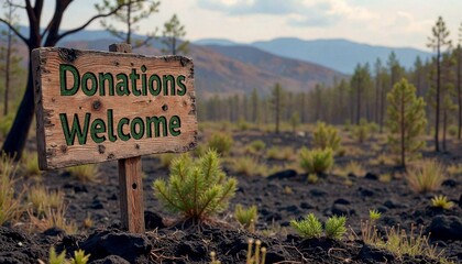 Obraz premium Charred Landscape with Donations Welcome Sign