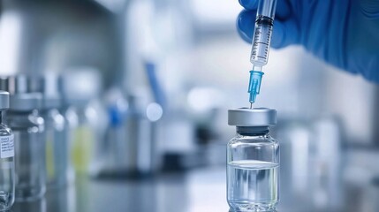 Syringe Drawing Liquid from Vaccine Vial in Laboratory  

