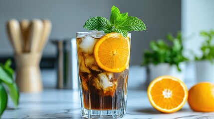 Iced Coffee with Orange Slice and Mint Garnish  
