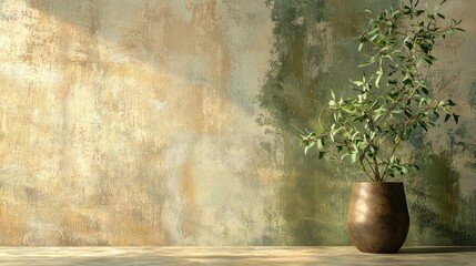Rustic Serenity: Olive Branch in Aged Bronze Pot Against a Textured Wall
