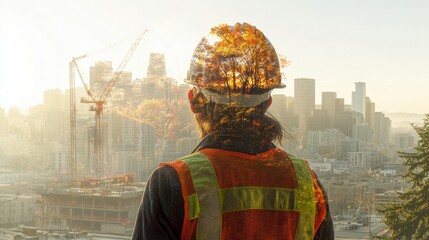 Fototapeta premium Construction Worker Overlooking Cityscape with Double Exposure Effect 