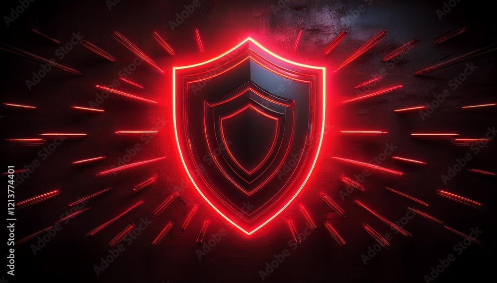 Poster a glowing red shield with layered outlines and dynamic rays emanating from it, symbolizing protectio