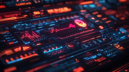Futuristic Digital Interface Display with Red and Blue Neon Glowing Data Graphs Charts