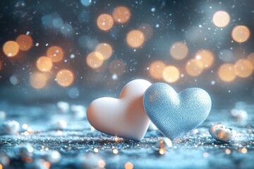 Romantic Silver and White Hearts on Glittering Surface with Bokeh Lights